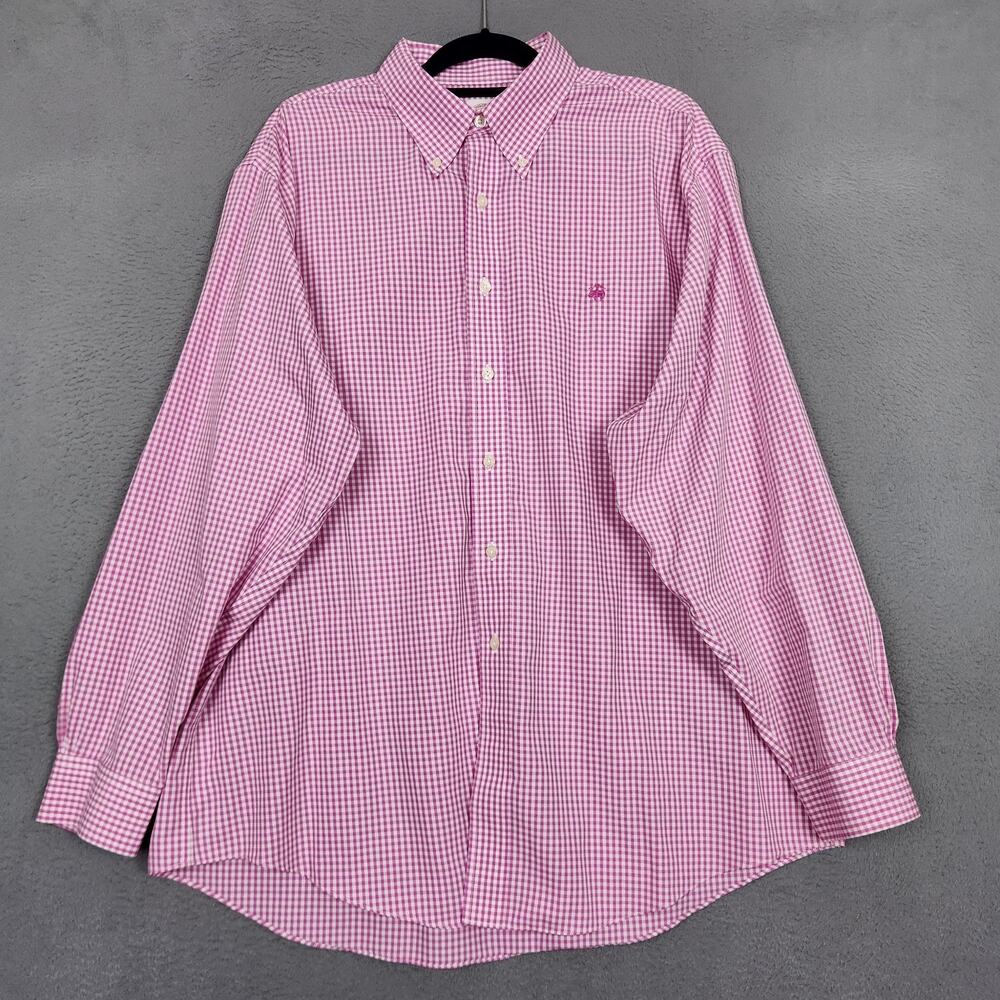 Brooks Brothers Dress Shirt Mens XL Pink Gingham Classic Non Iron Long Sleeve